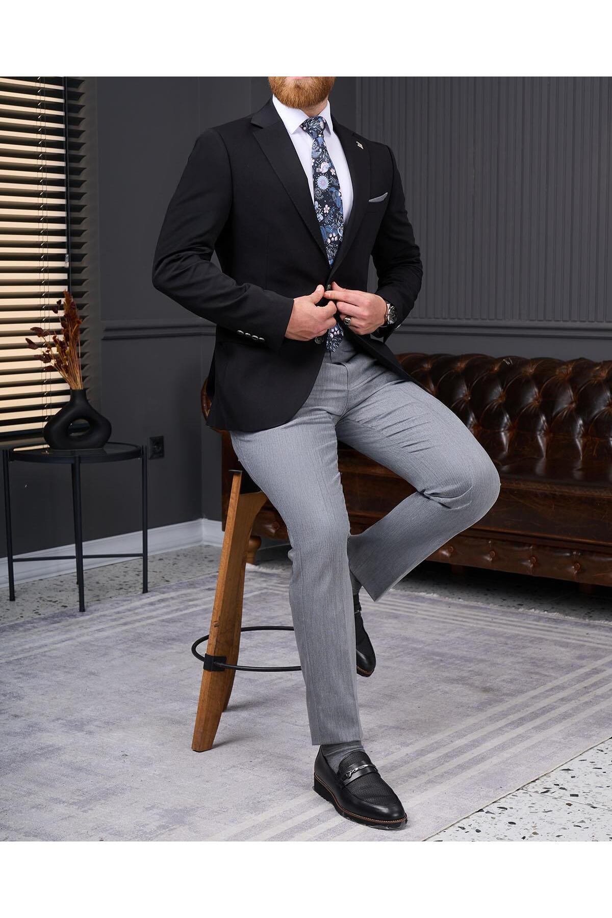 TerziAdemAltun İtalyan stil slim fit kombin takım elbise siyah T13924 görsel 4