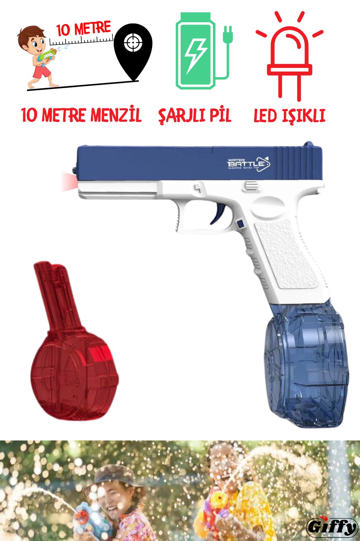 giffy Oyuncak Şarjlı Elektrikli Oyuncak Su Tabancası 23 Cm - 10m Atış Menzilli Açık Hava Su Silahı Işıklı