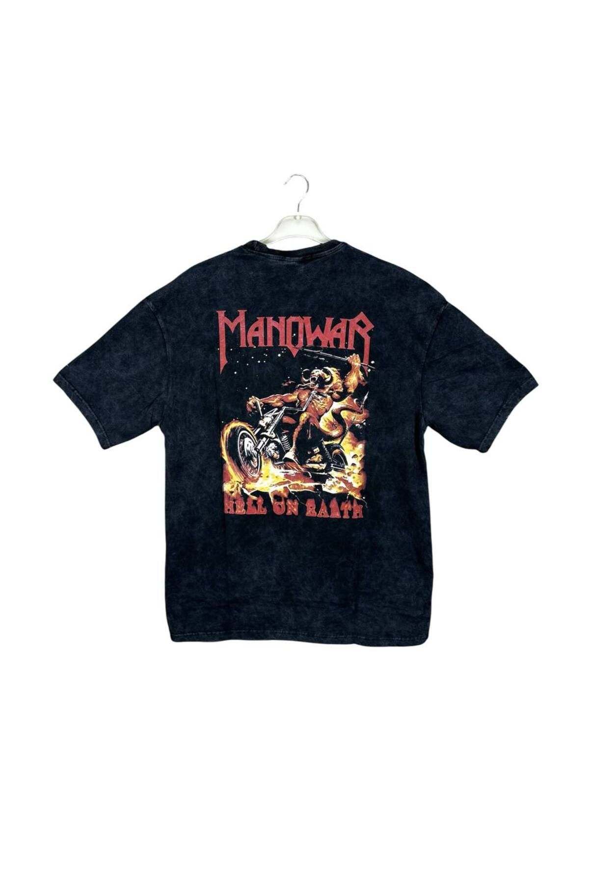 Lucky Boy Manowar Hell On Earth Yıkamalı Oversize T-Shirt