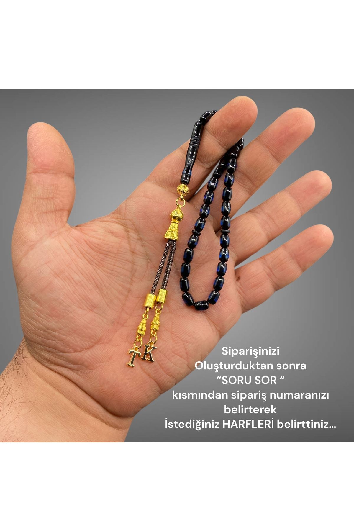 Kt BİLEK BOY HARFLİ TESBİH SİYAH LACİVERT SÜRMELİ TOZ KEHRİBAR TESBİH