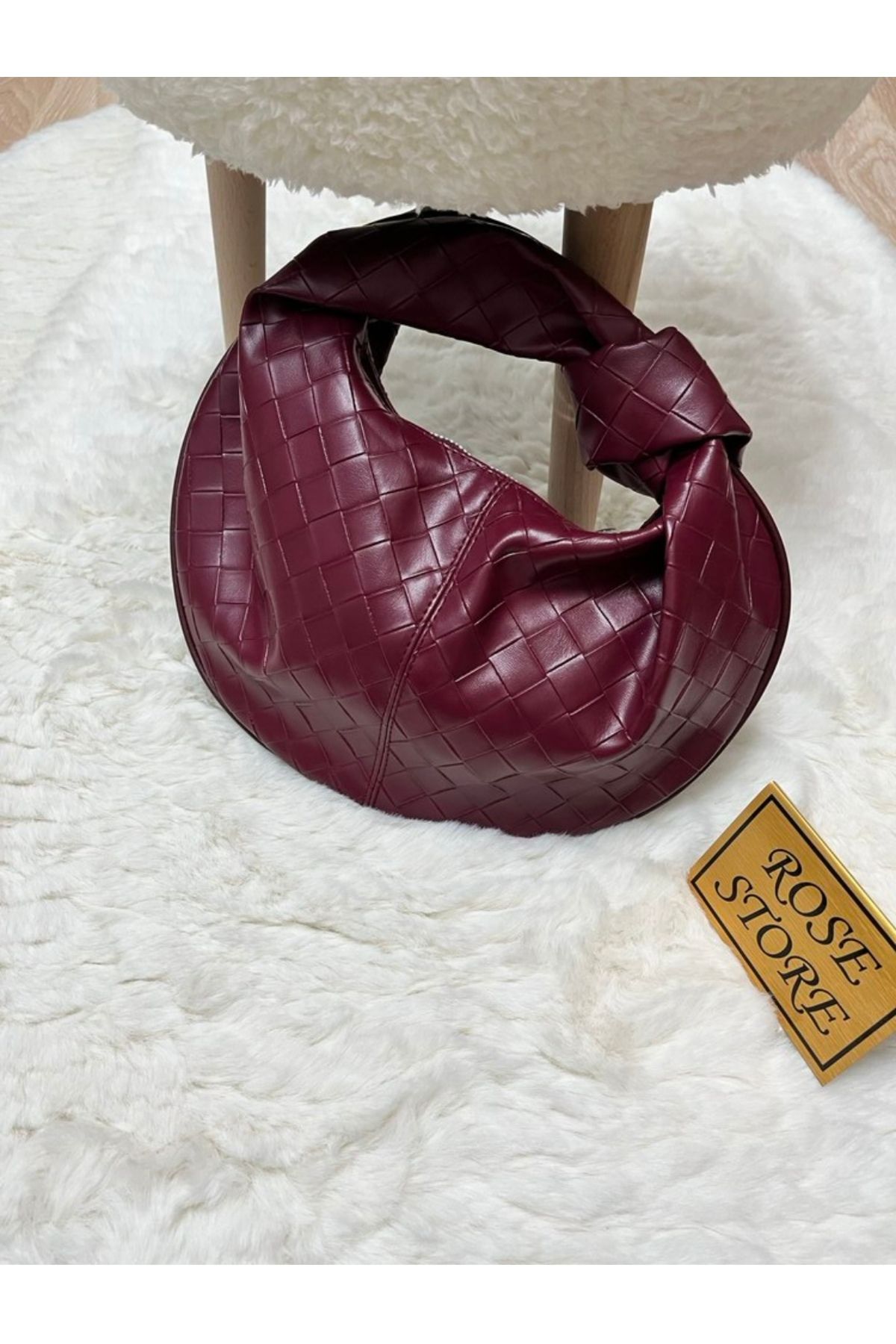FirstRoseStore Damalı Bağlama Detaylı Bordo El Çantası