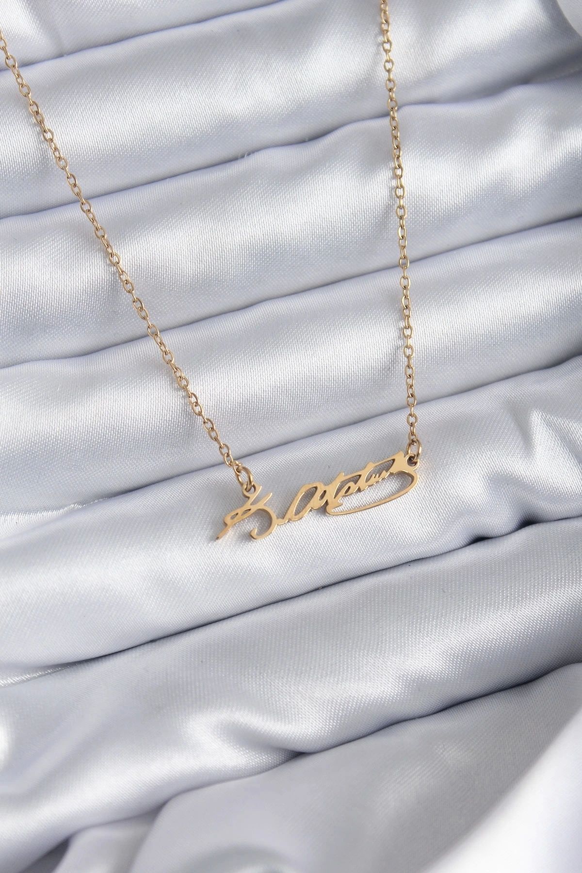 shopwave 316L Çelik Zincir Gold Renk Atatürk İmzası Model Kadın Kolye