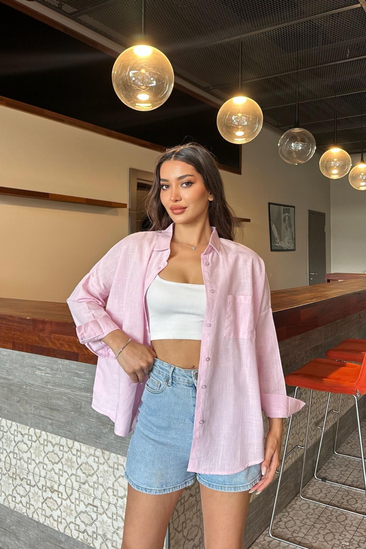BİKELİFE Kadın Oversize Keten Dokulu Tek Cepli Gömlek
