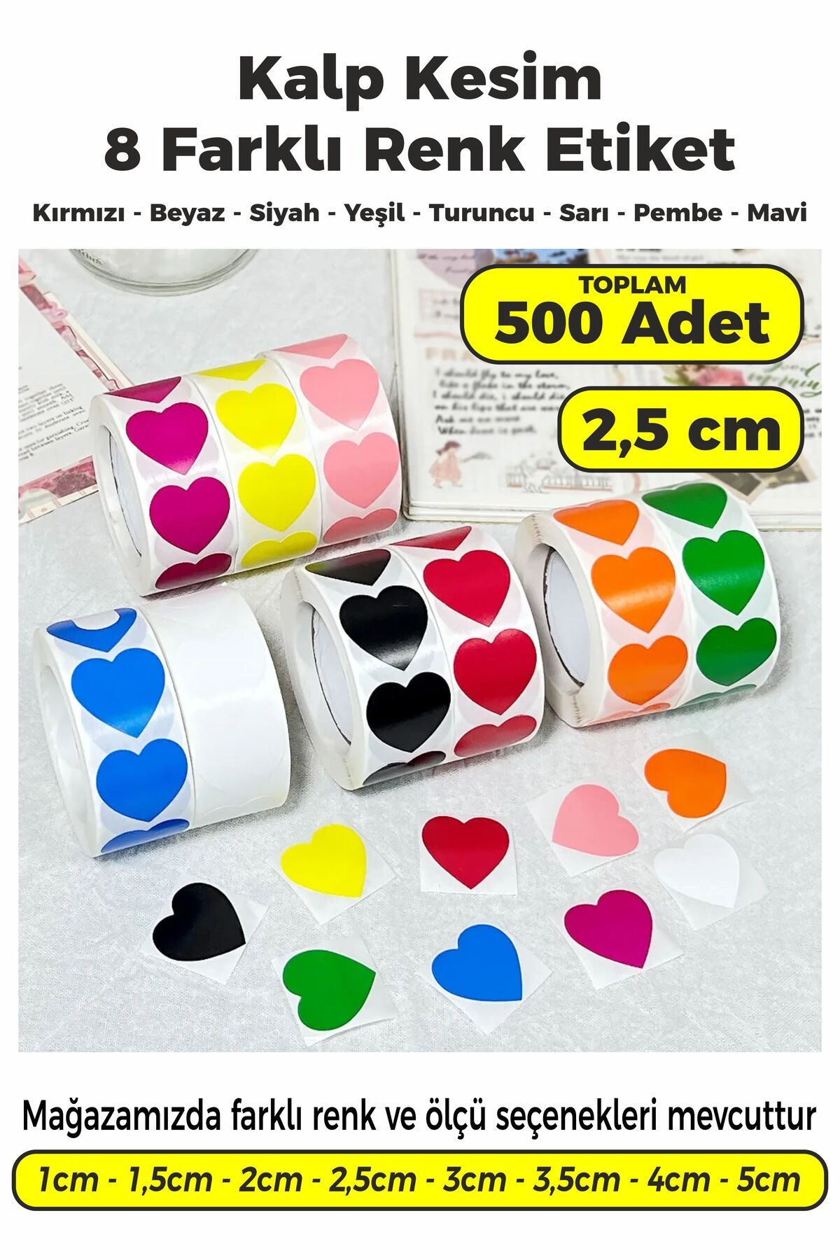 SB store Karışık Renk Kalp Kesim Çok Amaçlı Etiket 2,5cm 500 Adet