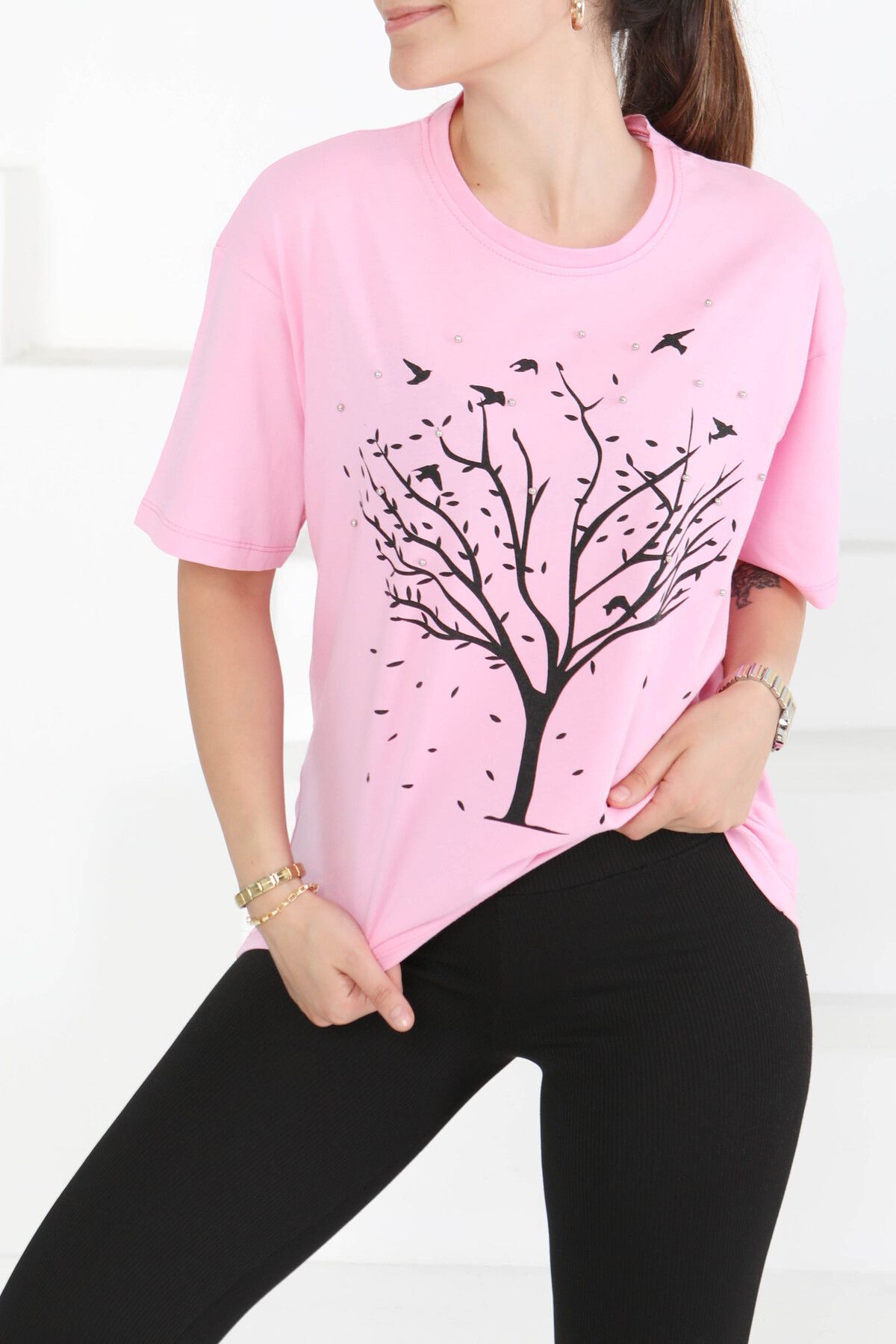 TOFİSA Baskılı Taşlı T-Şhirt Pembe - 27375