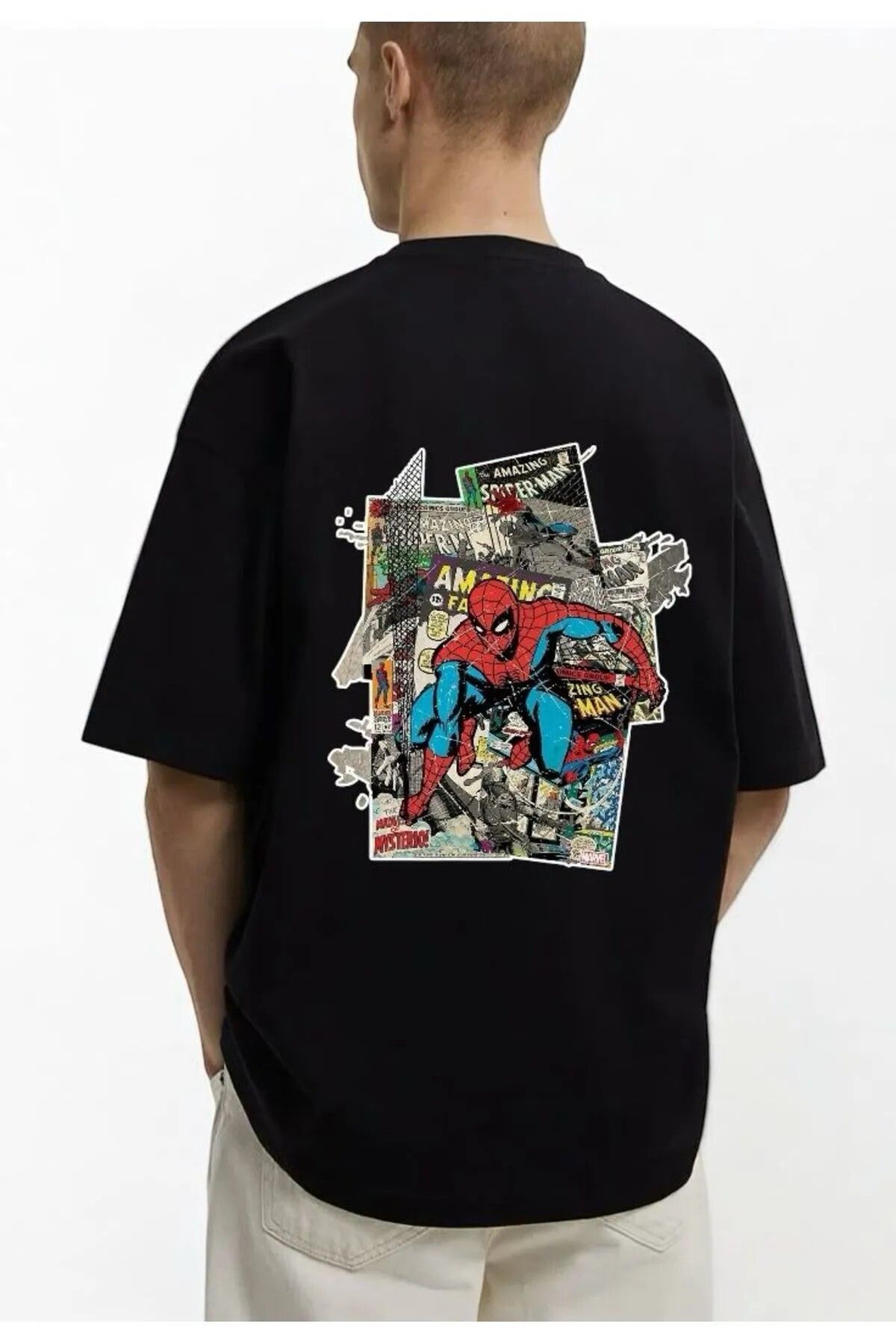 DEEFWEAR Siyah Mar-vel Spider-Man Collage Serisi Ön/Arka Baskılı Oversize T-shirt