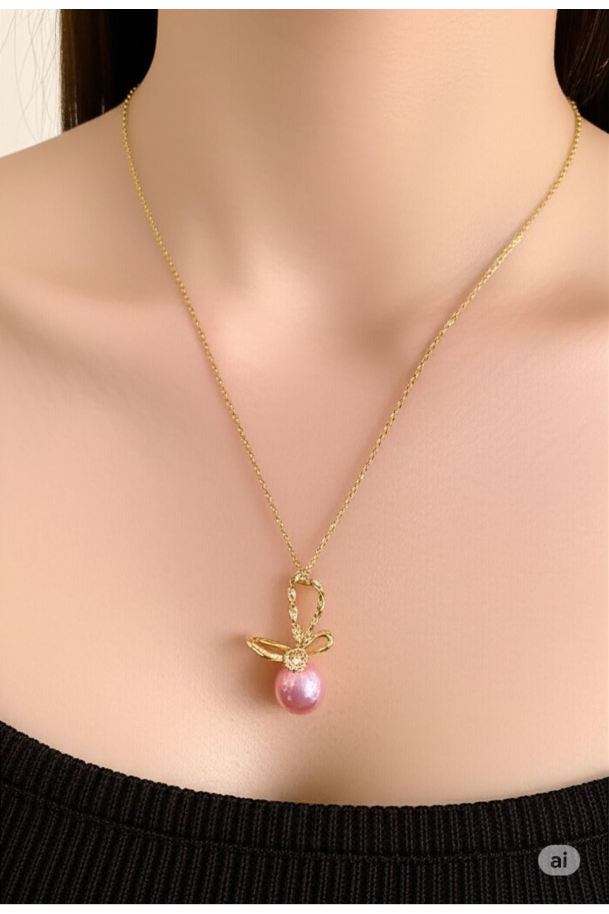 FAMEMUS ACCESSORY Gold Renkli Zarif Zincirli Pembe İnci Taşlı Kolye