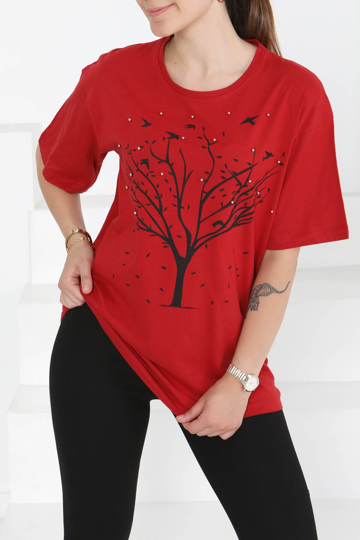 TOFİSA Baskılı Taşlı T-Şhirt Kirmizi - 27375