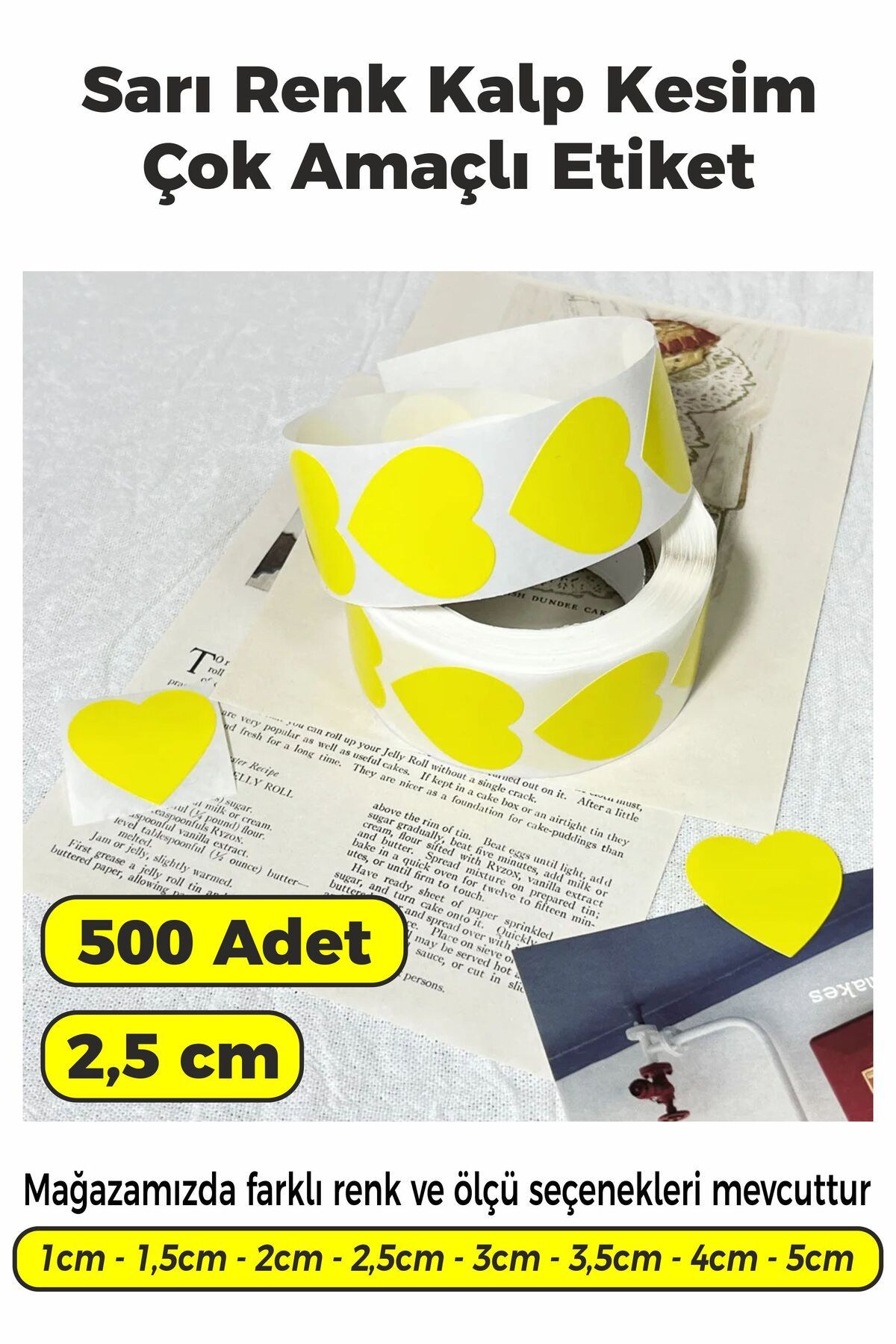 SB store Sarı Renk Kalp Kesim Çok Amaçlı Etiket 2,5cm 500 Adet