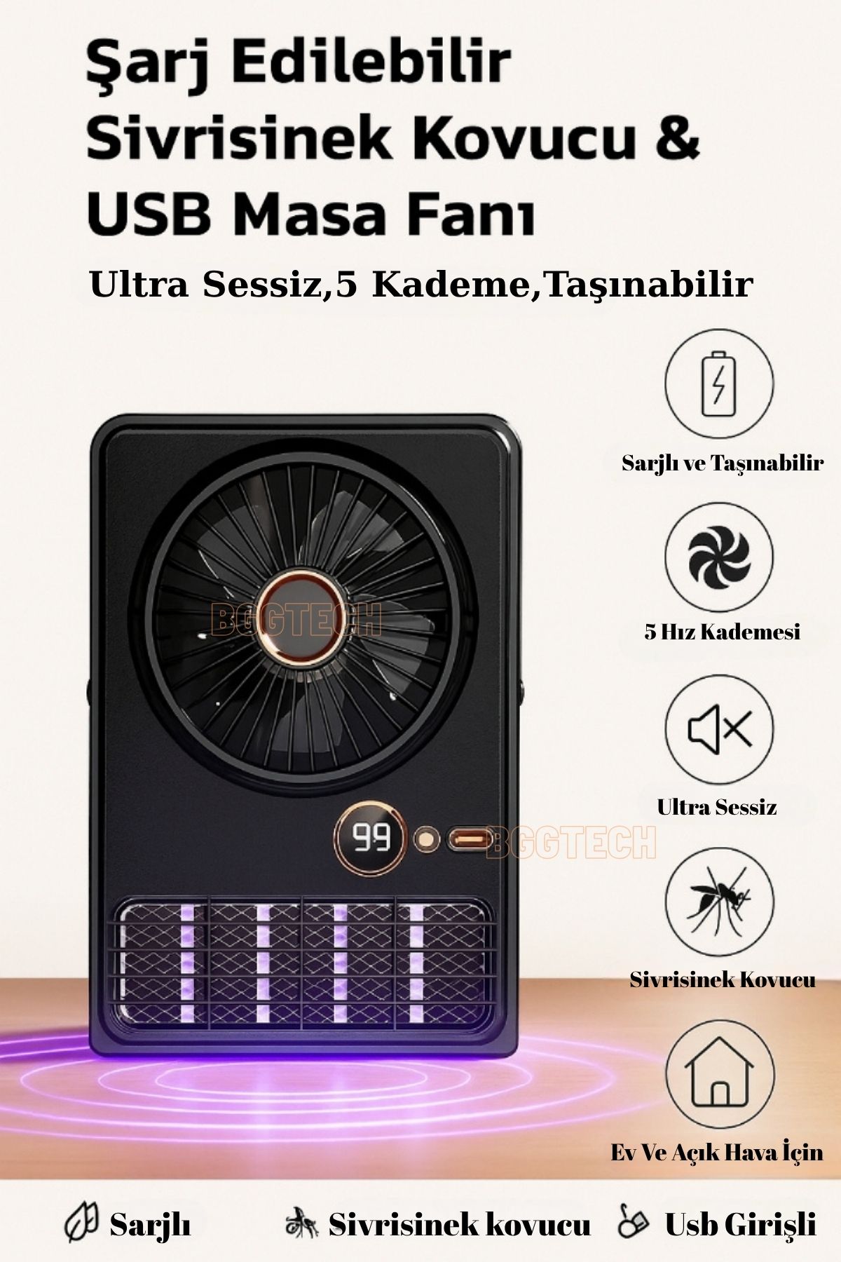 BGGTech 2’si 1 Arada Şarjlı Sivrisinek Kovucu & Masa Fanı Sessiz, 5 Kademe, Taşınabilir