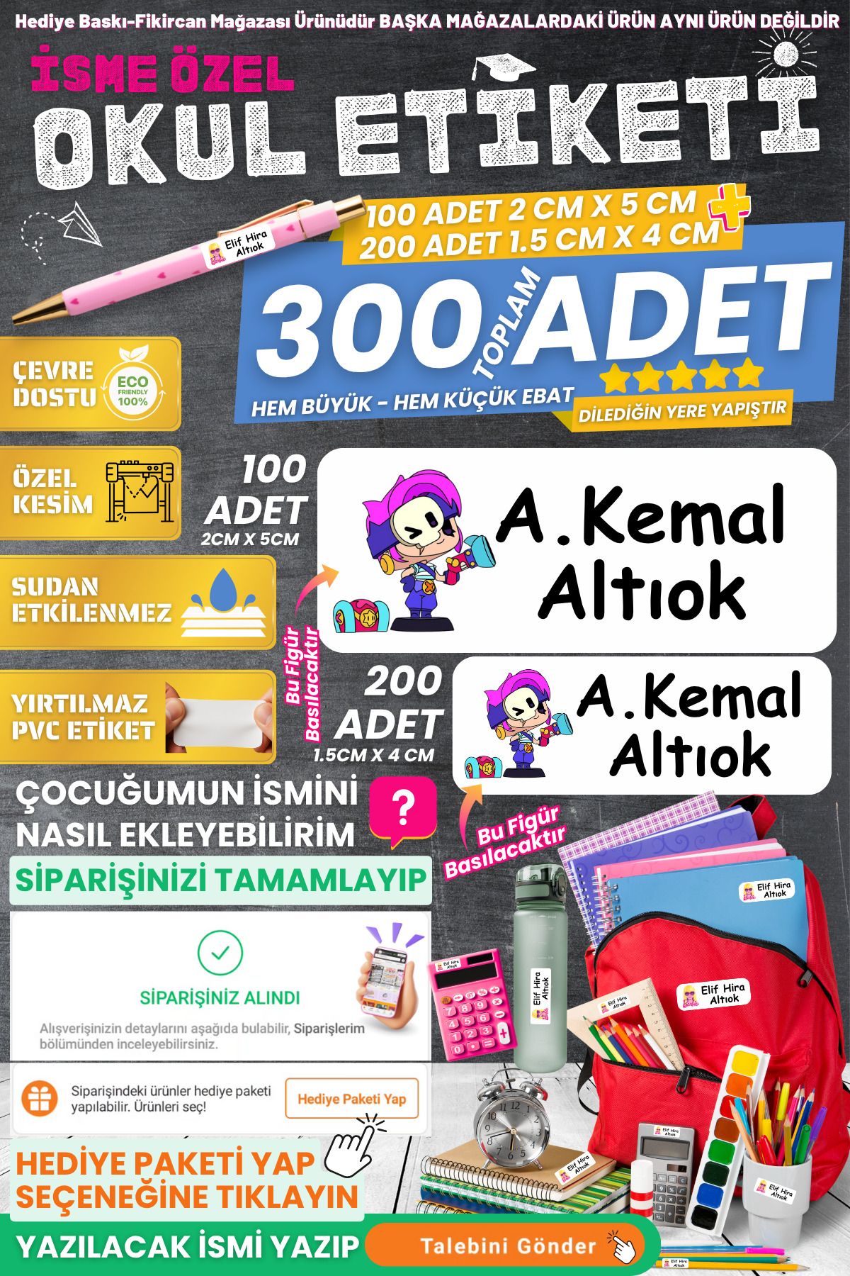 FİKİRCAN Fikircan-İsme Özel Okul Etiket Seti - PENİ 300 Adet - Kokusuz Ekolojik Mürekkep PVC ETİKET