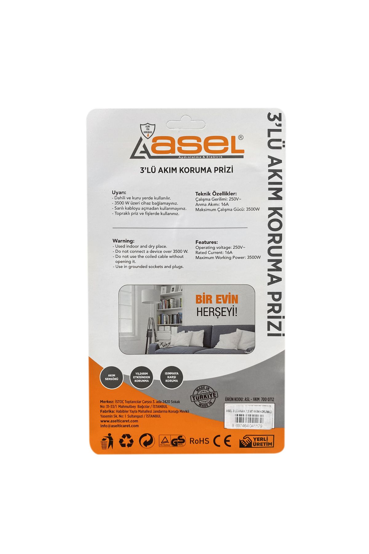 Asel 3'Lü Akım Korumalı 1,5mt Kablo Priz