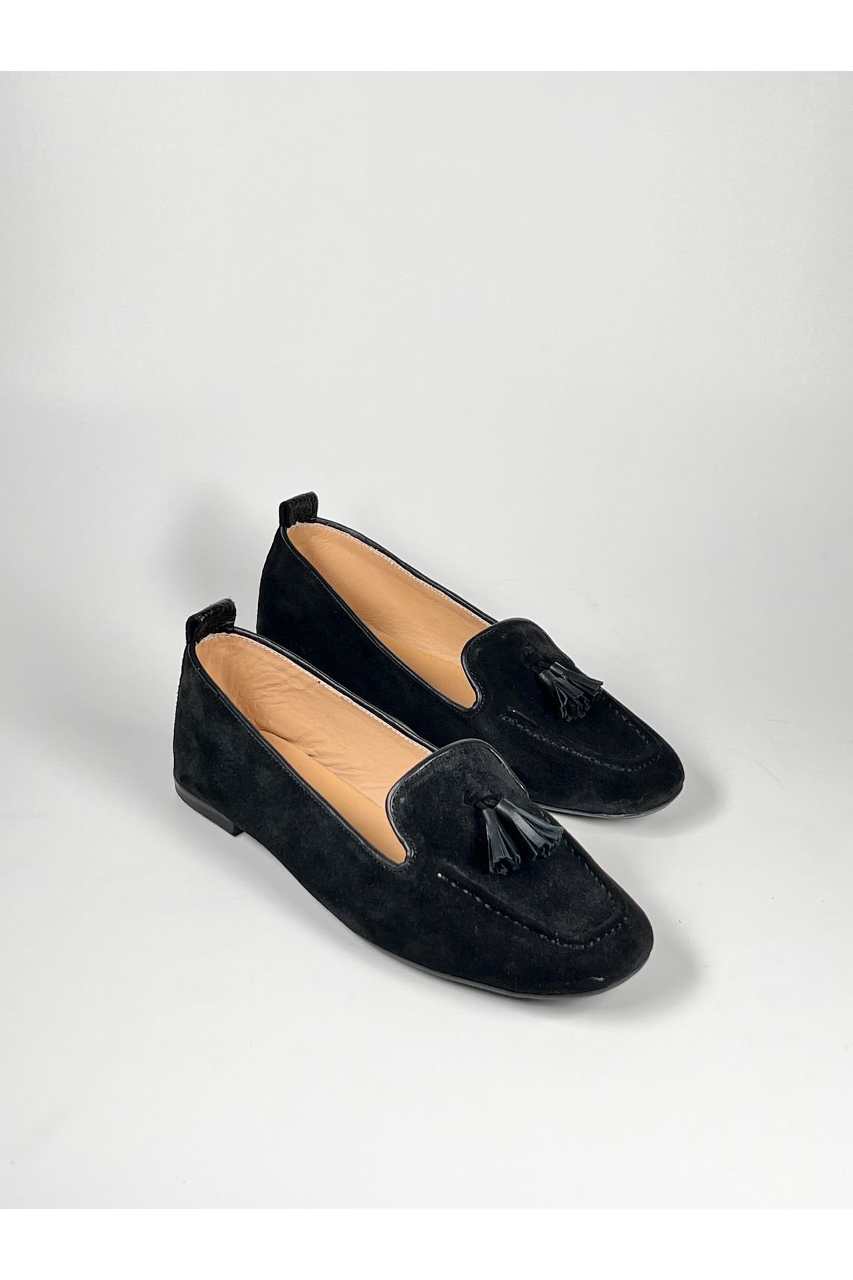 futsi shoes Hakiki Deri Süet Püsküllü Kadın Babet