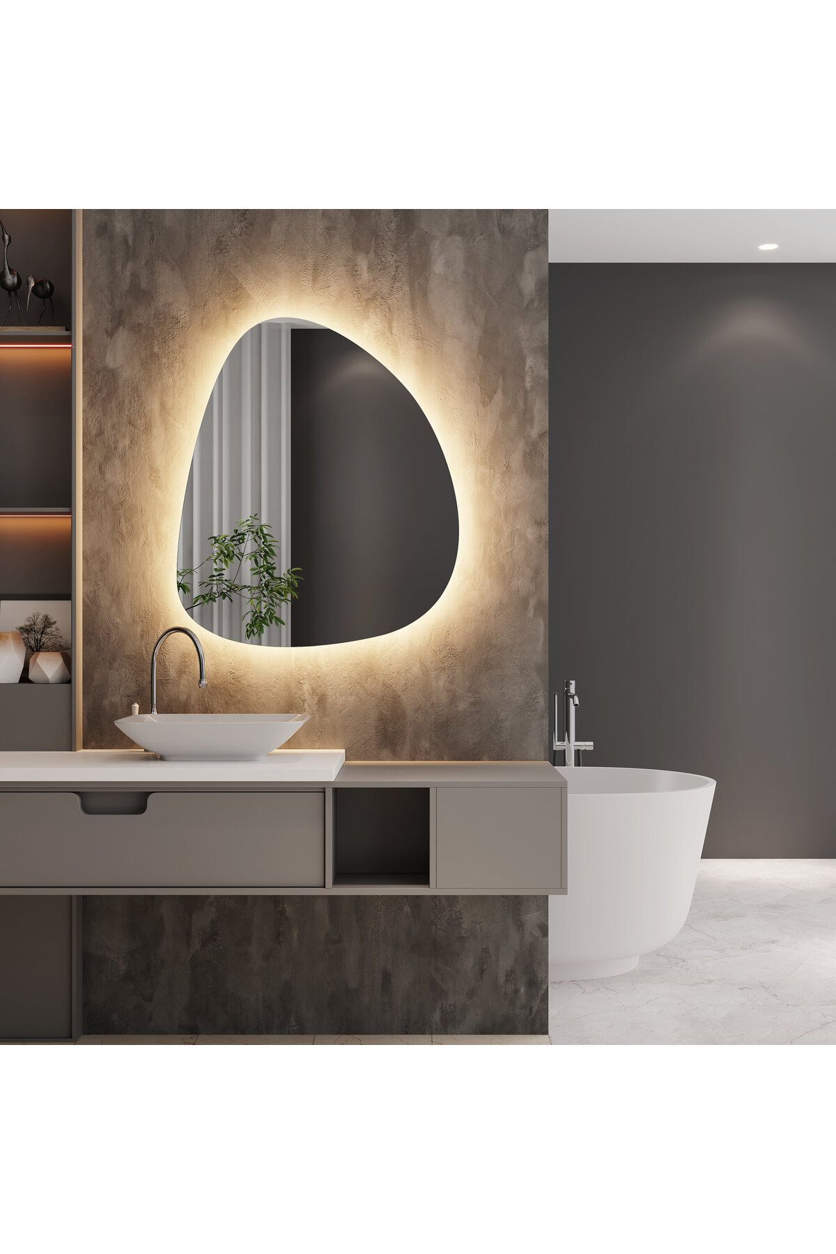 Aypars Atölye 40x47 LED Işıklı Asimetrik Duvar Aynası – Modern Makyaj ve Yatak Odası Ayna