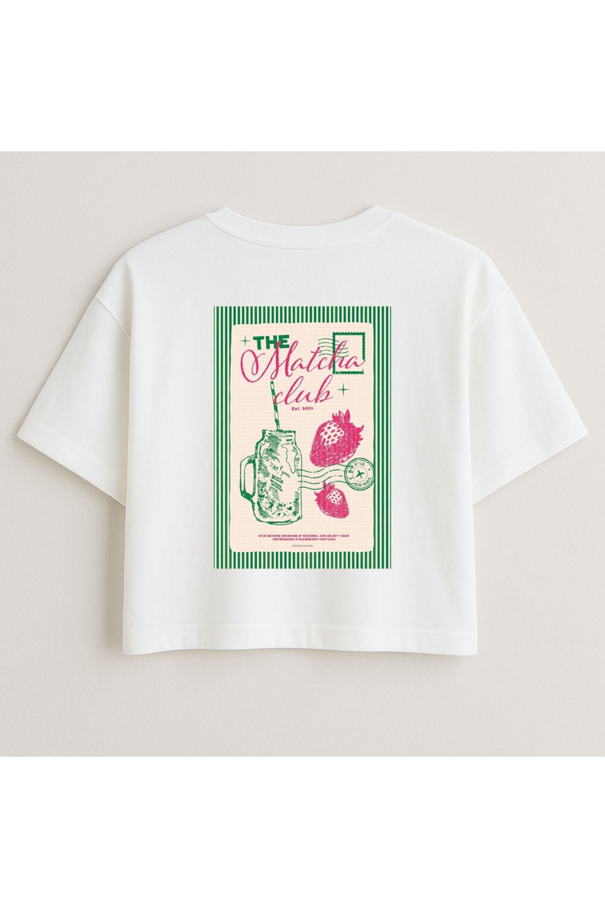 Minou Wear The Matcha Club Baskılı Özel Tasarım Beyaz Oversize Crop Tshirt