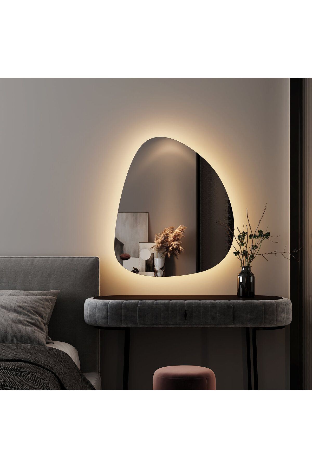Aypars Atölye 50x58 LED Işıklı Asimetrik Duvar Aynası – Modern Makyaj ve Yatak Odası Ayna
