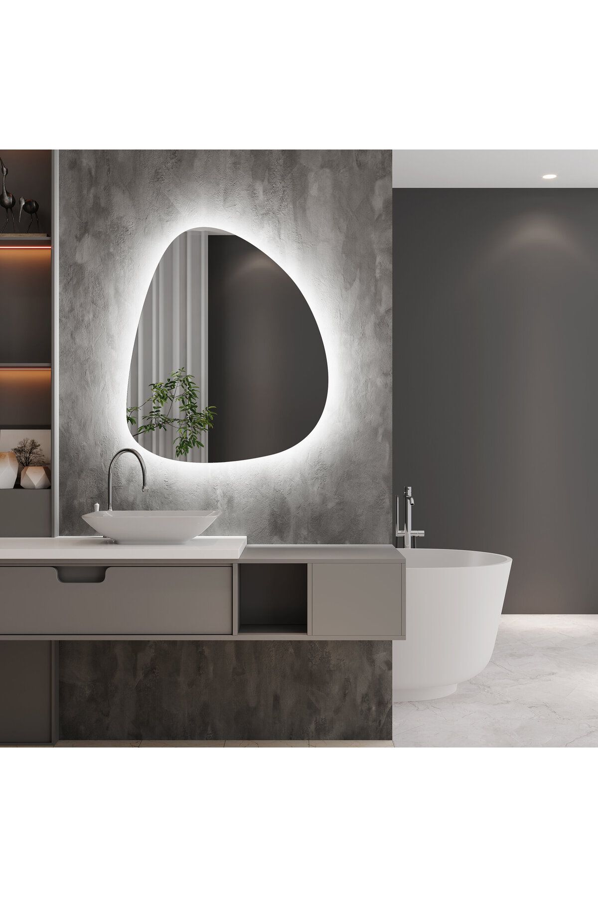 Aypars Atölye 90x105 LED Işıklı Asimetrik Duvar Aynası – Modern Makyaj ve Yatak Odası Ayna