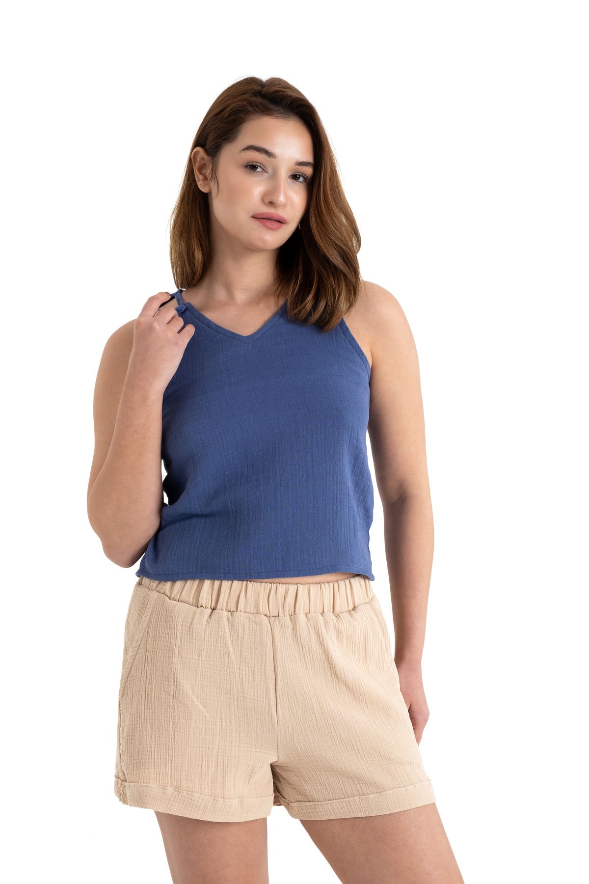 PANCHY CANKY 2 Katlı %100 Pamuk Müslin Omuz Detaylı Bluz Crop