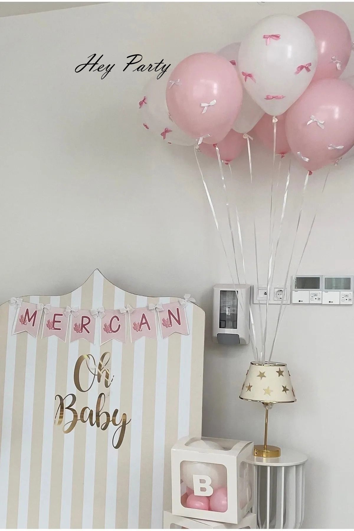PartyPoo 30 Adet Pembe Beyaz Fiyonk Kurdeleli - 10 Adet Pembe Beyaz Balon Seti Fiyonklu Balon