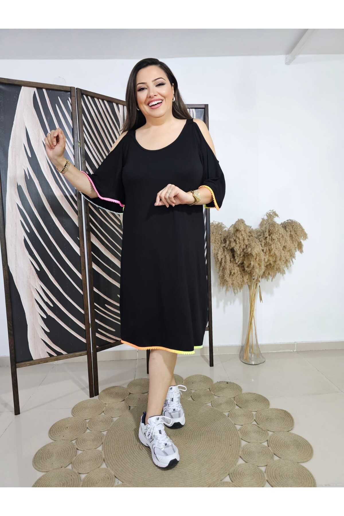 Melis Designer Büyük Beden Renkli Biyeli Elbise