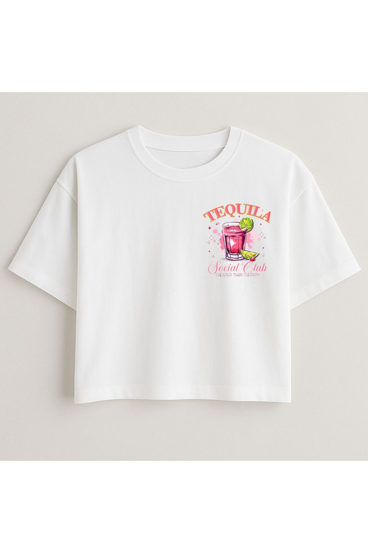 Minou Wear Tequila Drinking Özel Tasarım Baskılı Beyaz Oversize Crop Tshirt