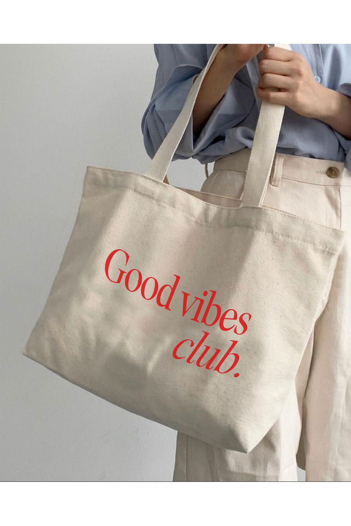 bezden Kadın Omuz Çantası Kanvas Kumaş 'GOOD VİBES CLUB' Baskılı Çıtçıtlı Krem Kol Çantası