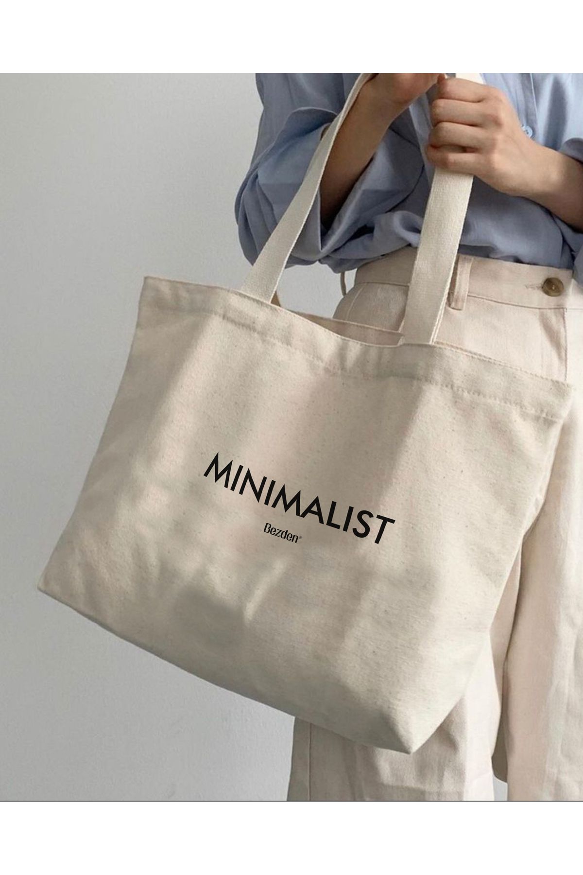 bezden Kadın Omuz Çantası Kanvas Kumaş 'MINIMALIST ' Baskılı Çıtçıtlı Krem Kol Çantası