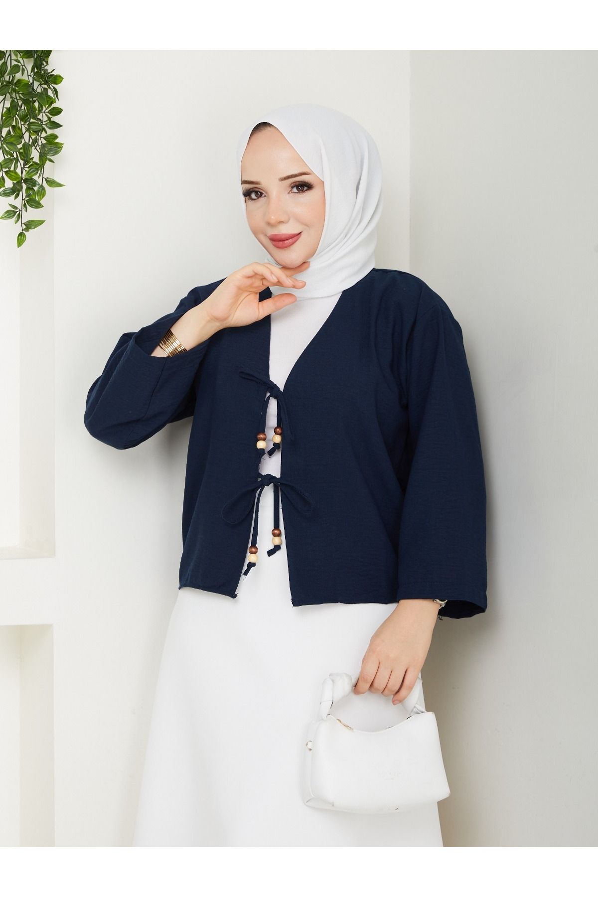 Güba Ticaret Çift Bağlamalı Boncuk Detaylı Keten Kimono