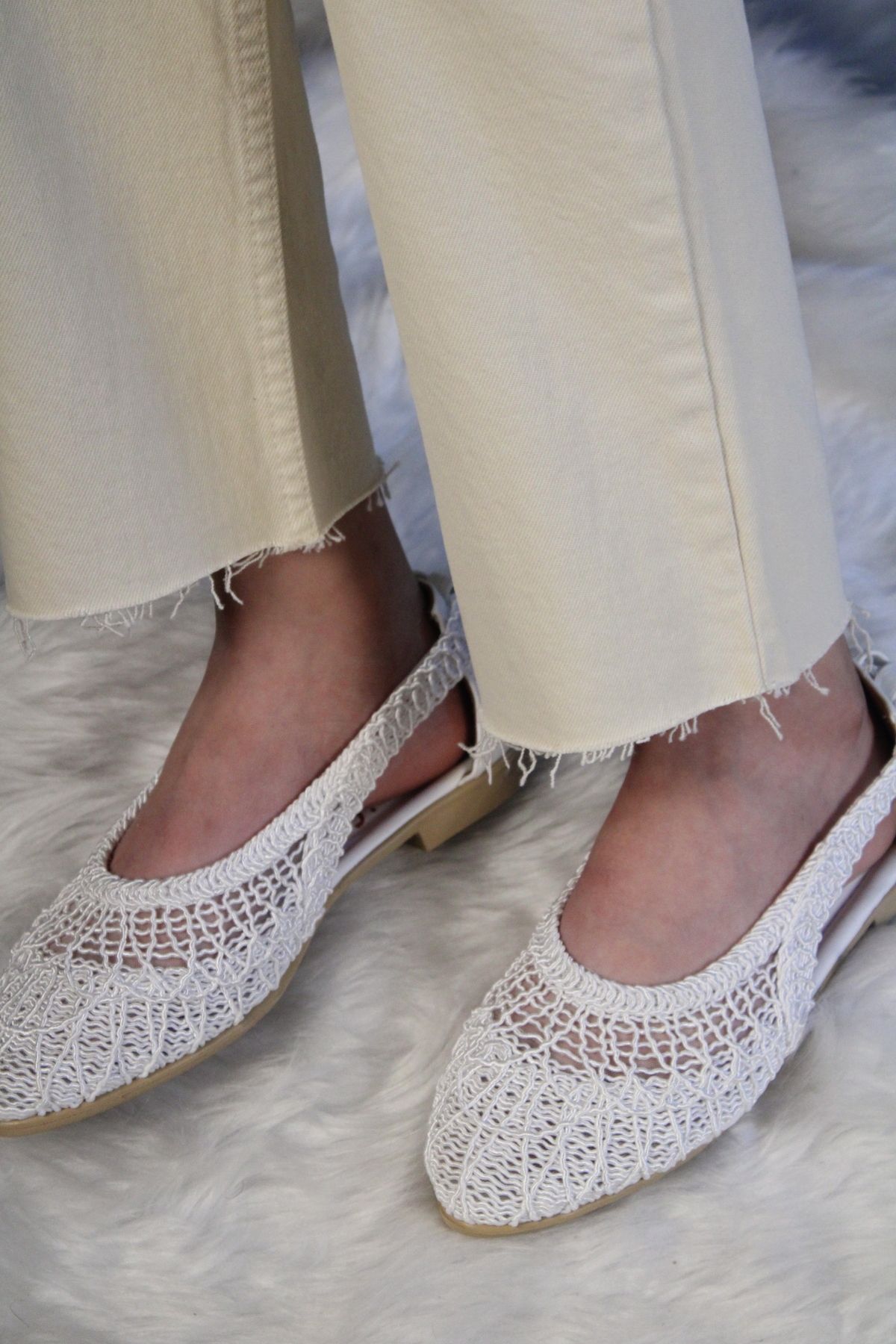 mybellashoes Beyaz Keten Örme Dantelli Kadın Babet