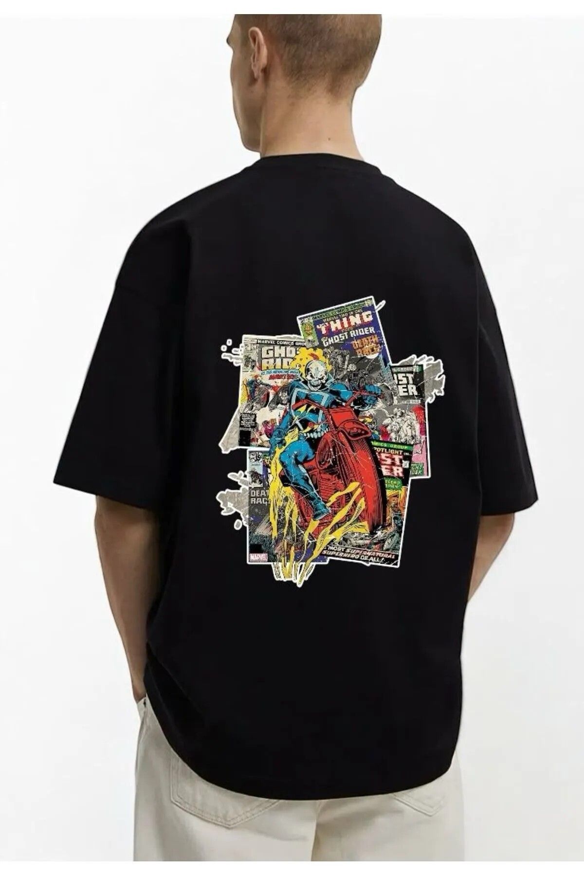 DEEFWEAR Siyah Mar-vel Ghost Rider Collage Serisi Ön/Arka Baskılı Oversize T-shirt