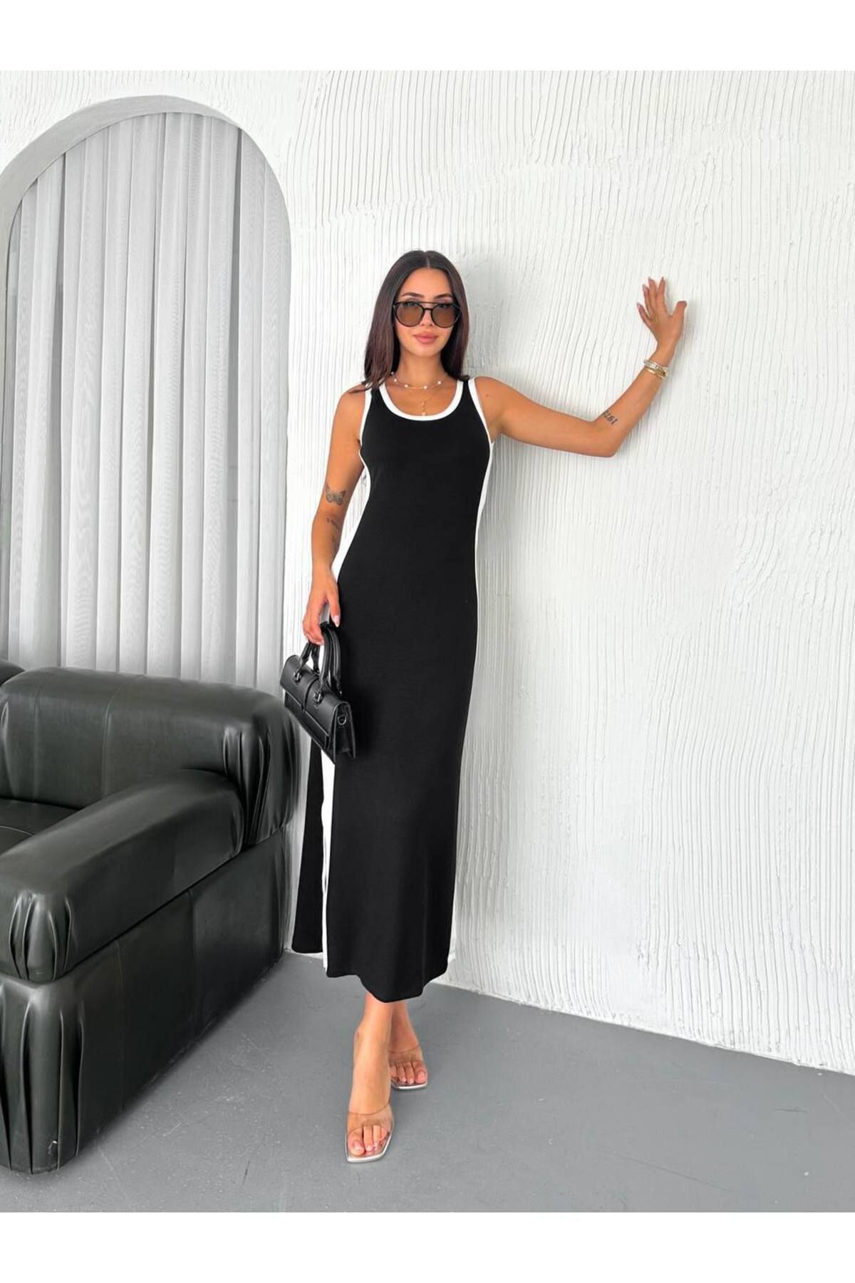 Bella Breeze Kadın Yan Şeritli Basic Stil Atlet Yaka Uzun Elbise