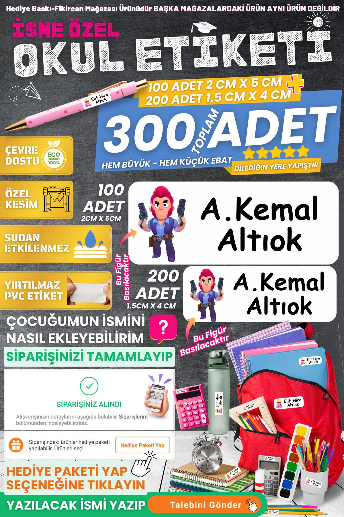 FİKİRCAN Fikircan-İsme Özel Okul Etiket Seti - MAN - 300 Adet -Kokusuz PVC ETİKET