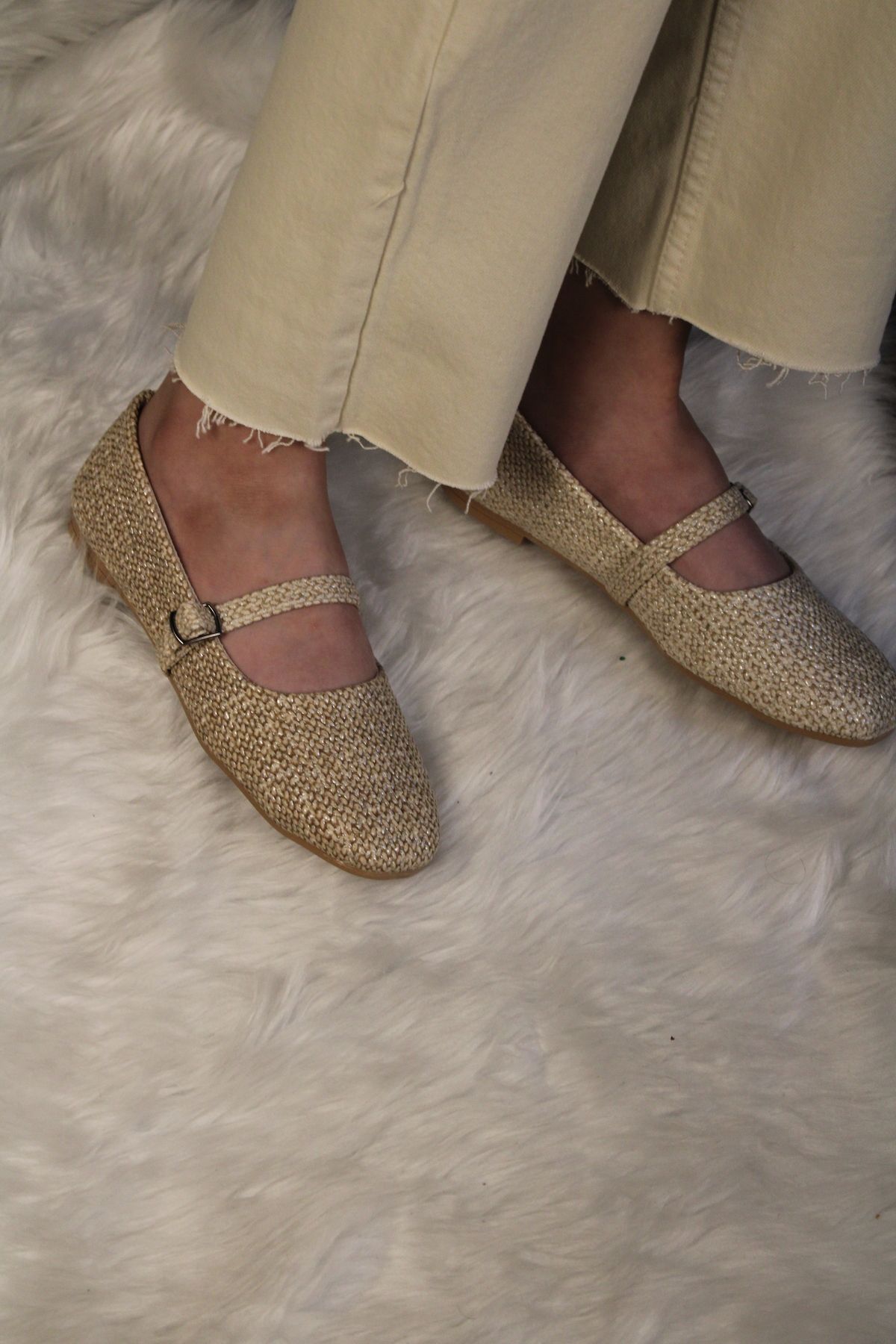 mybellashoes Bej Hasır Detay Kadın Babet