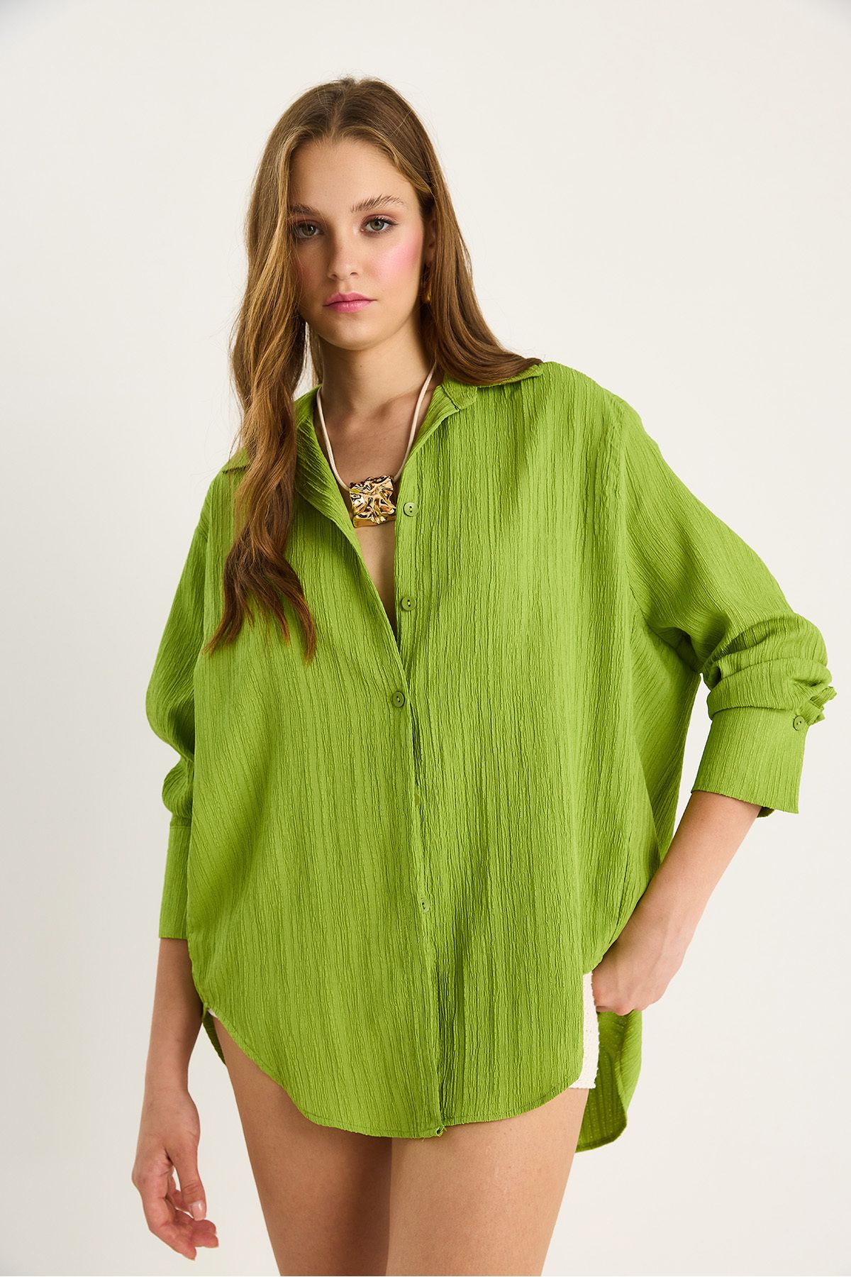 Bianco Lucci-Women's Off-Shoulder Oversize Basic Wrap Shirt 60392 60271069 6