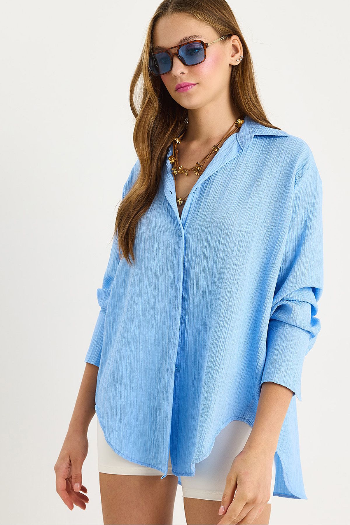 Bianco Lucci-Women's Off-Shoulder Oversize Basic Wrap Shirt 60392 60271069 3