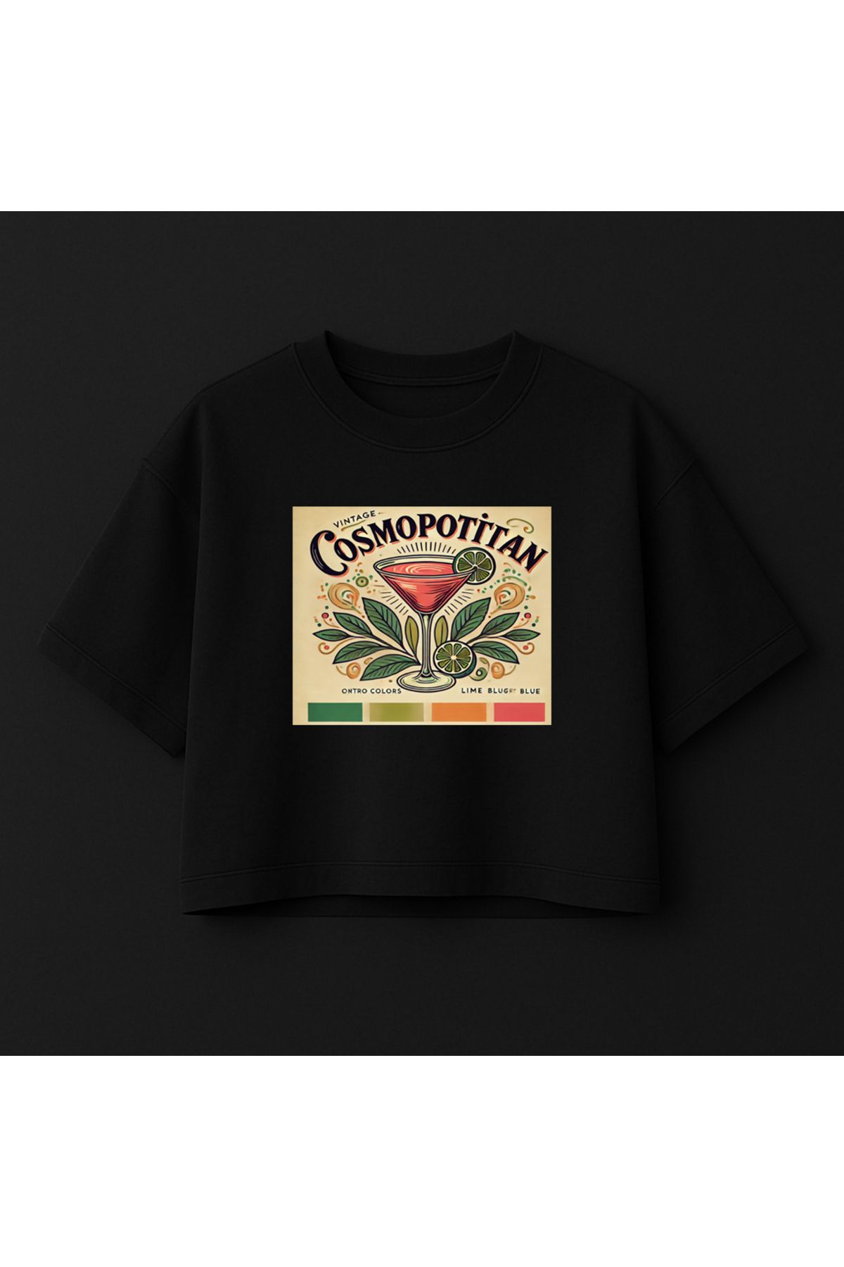 Minou Wear Cosmopolitan Drinking Özel Tasarım Baskılı Siyah Oversize Crop Tshirt