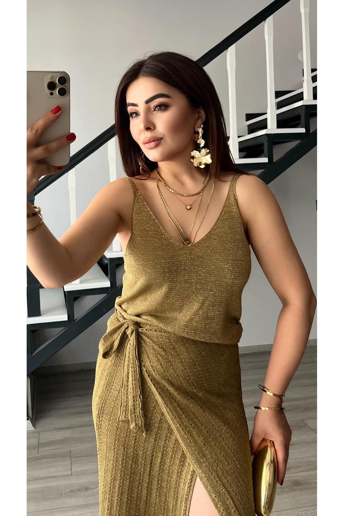 Oslove Haki Gold Simli Askılı Bluz