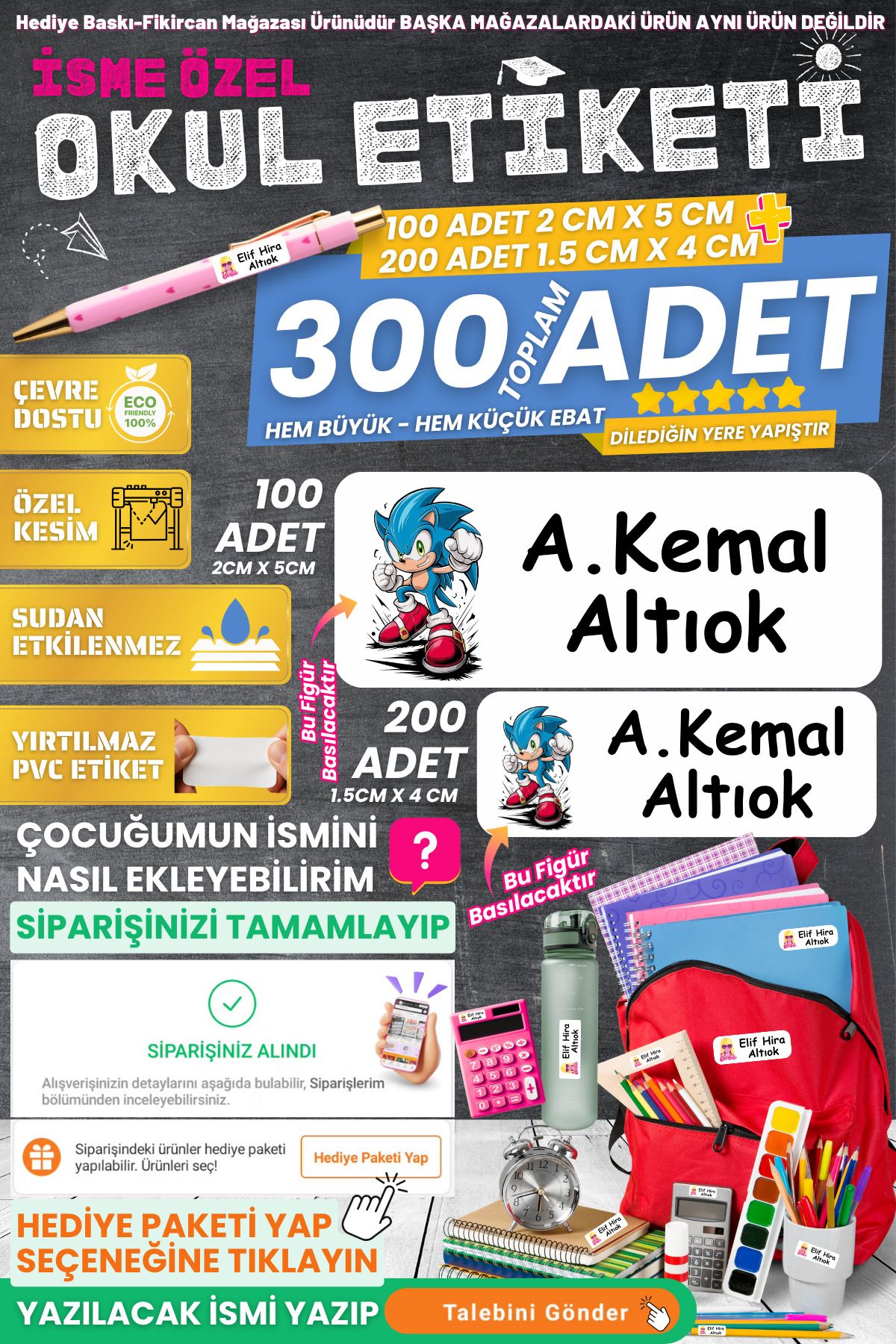 FİKİRCAN Fikircan-İsme Özel Okul Etiket Seti - SONiC 300 Adet - Kokusuz Ekolojik Mürekkep PVC ETİKET