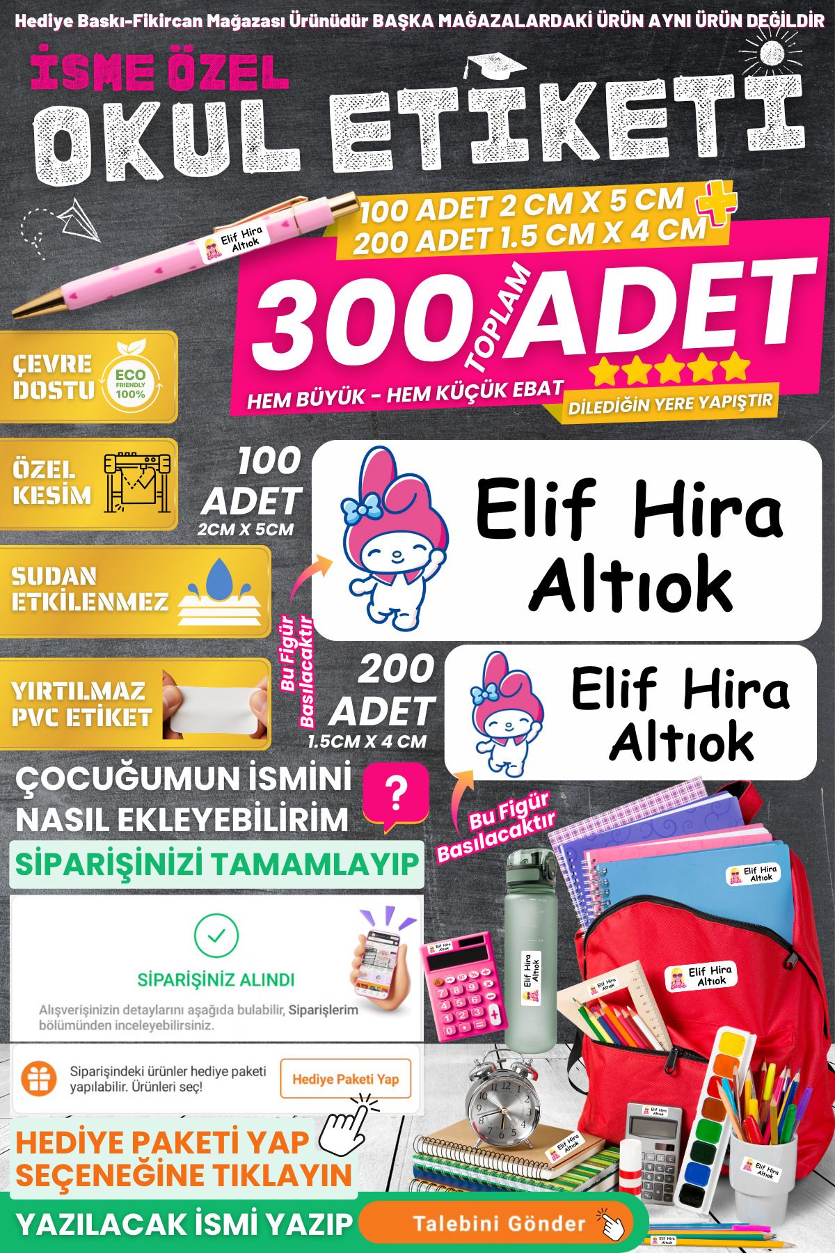 FİKİRCAN Fikircan-İsme Özel Okul Etiket Seti - MY MELODY 300 Adet - Kokusuz Ekolojik Mürekkep PVC ETİKET