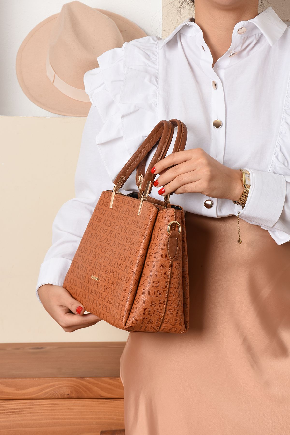 Just Polo Dreamy 2120 Emprime Suni Deri Kadın El ve Omuz Çantası (Ebat:En 29 x Boy 22 Cm)