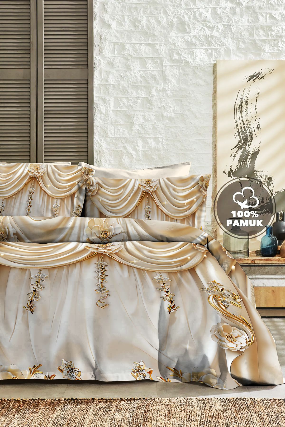 PerlaSera %100 PAMUK Ranforce Çeyizlik Luxury 5D Dijital Çift Kişilik Nevresim Takımı Kraliyet Perdesi