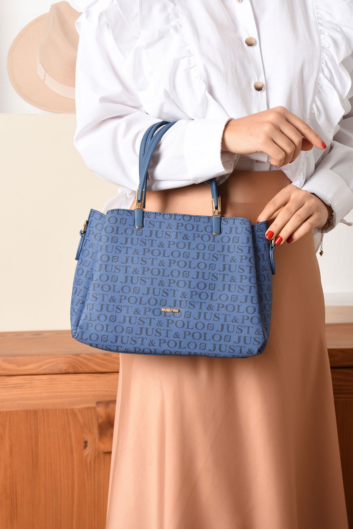 Just Polo Dreamy 2120 Emprime Suni Deri Kadın El ve Omuz Çantası (Ebat:En 29 x Boy 22 Cm)