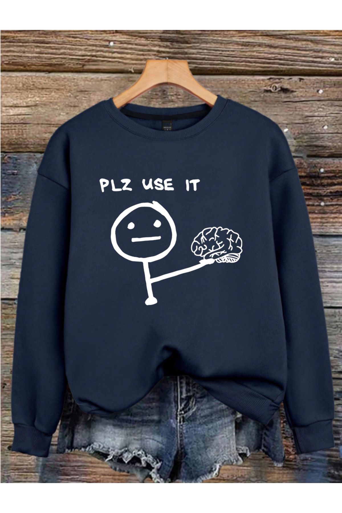 MAGORS PLEASE USE IT BASKILI 3 İPLİK BİSİKLET YAKA UZUN KOLLU SWEATSHIRT