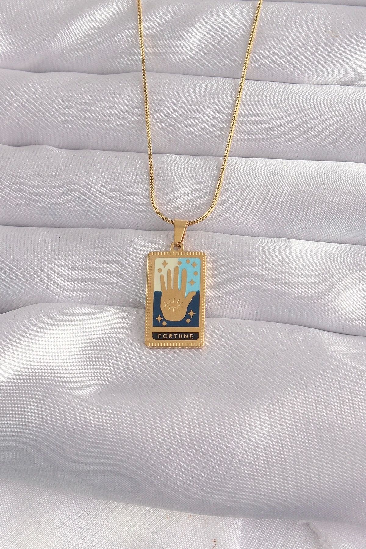 shopwave 316L Çelik Gold Renk Karışık Mineli El Figür Tarot Kolye
