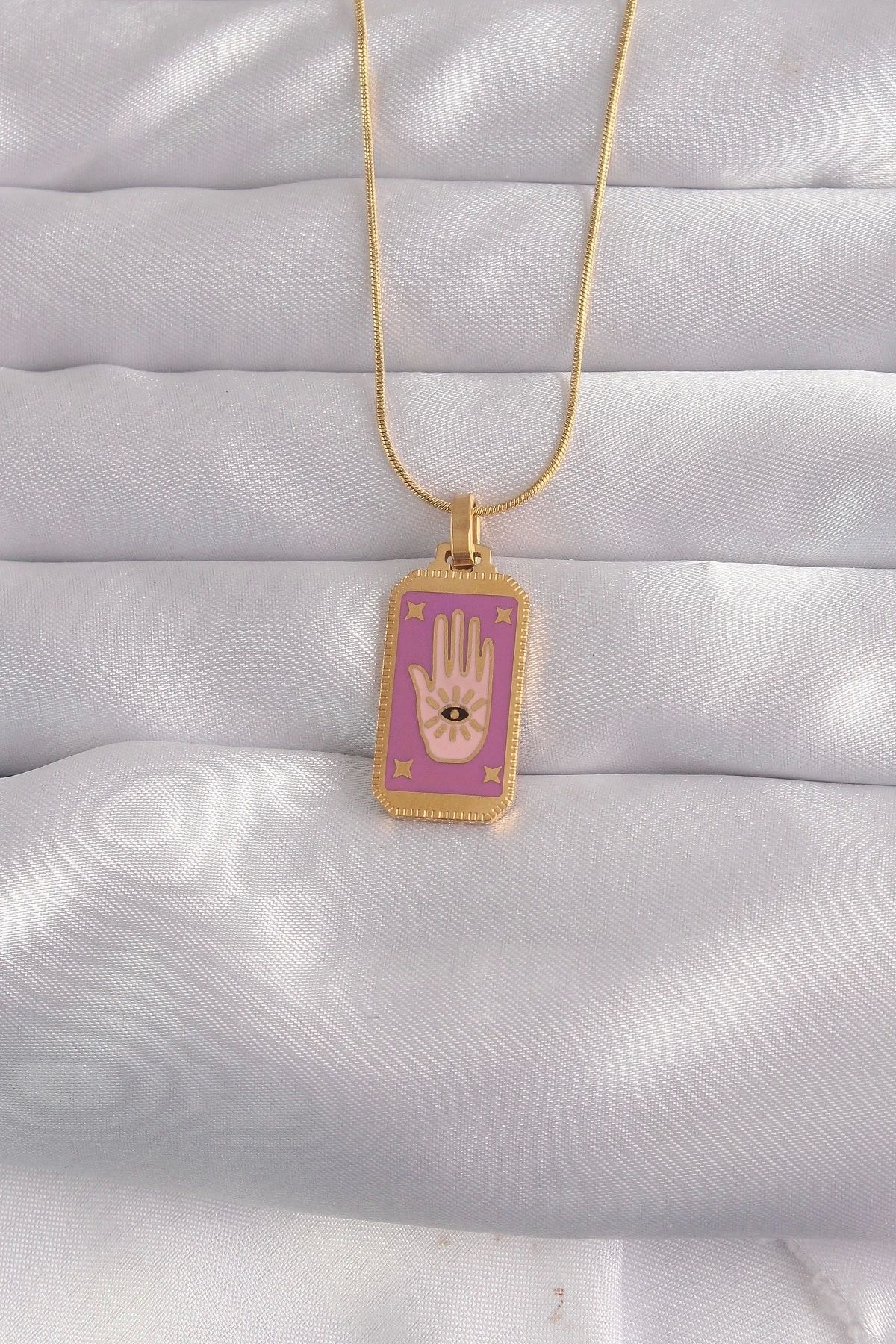 shopwave 316L Çelik Gold Renk Mor Mineli El Figür Tarot Kolye