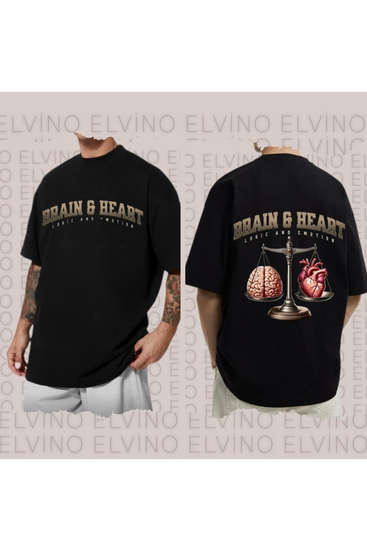 Elvino Brain And Heart Baskılı Oversize Unisex Kadın/Erkek Siyah Bisiklet Yaka Tshirt