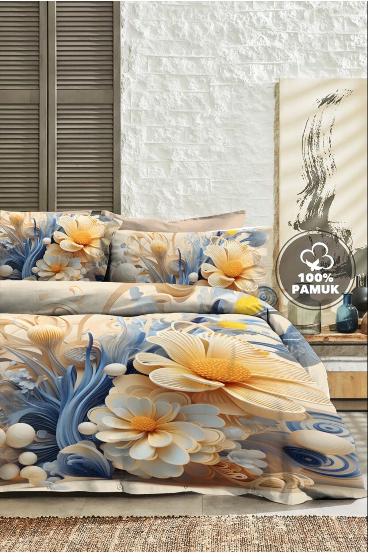 PerlaSera %100 PAMUK Ranforce Çeyizlik Luxury 5D Dijital Çift Kişilik Nevresim Takımı Sunset Flower