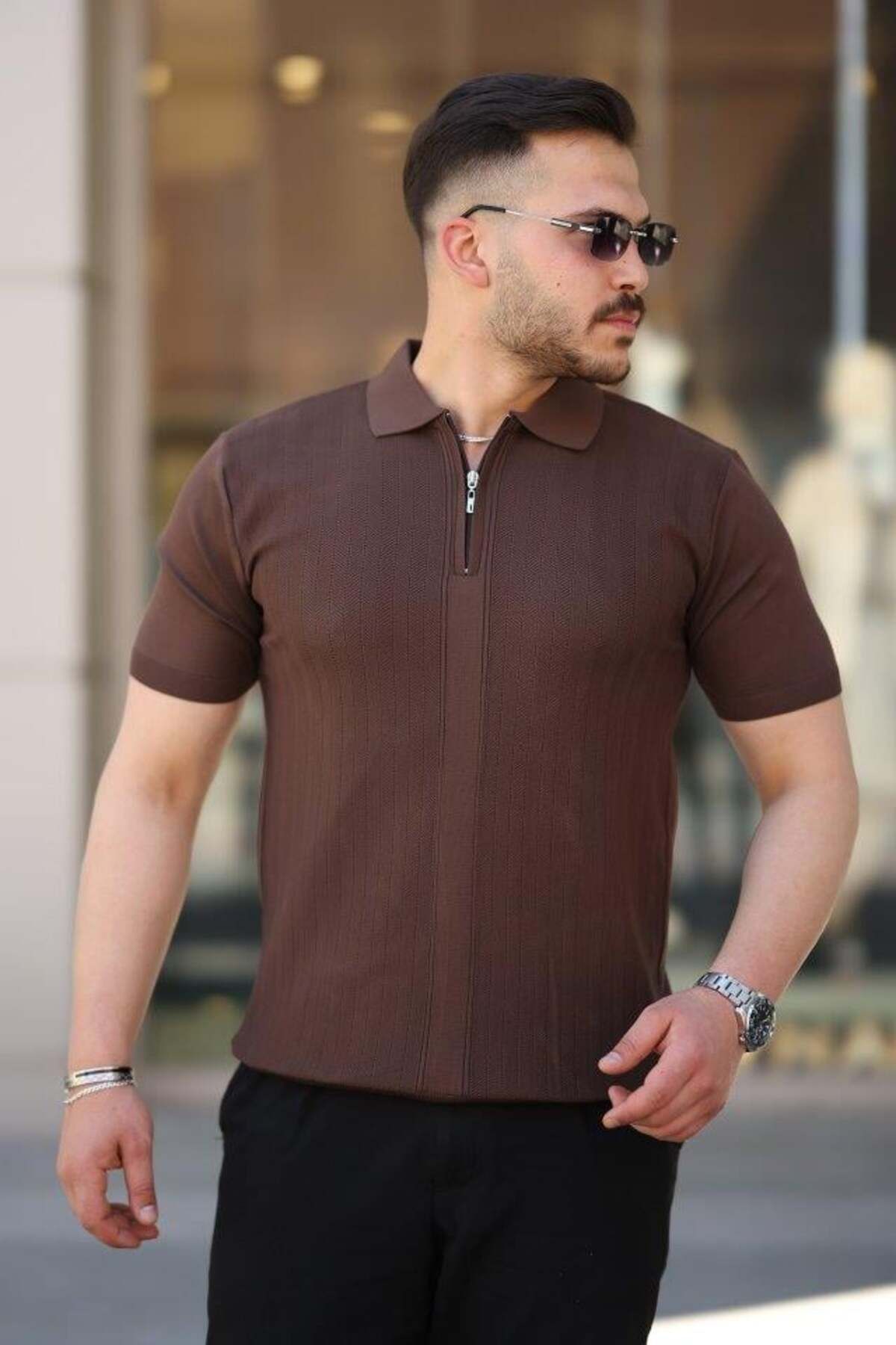 modamtn Erkek Yakası Fermuarlı Kısa Kollu T-shirt