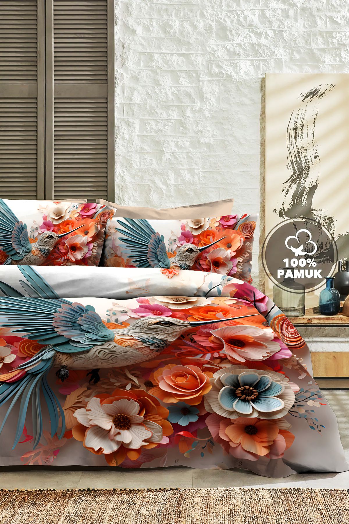 PerlaSera %100 PAMUK Ranforce Çeyizlik Luxury 5D Dijital Çift Kişilik Nevresim Takımı Blue Bird