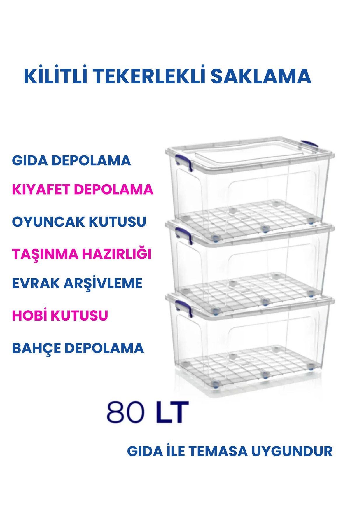Loremp 80 LT Tekerlekli Şeffaf Saklama Kutusu Kilit Kapaklı Gıda Temasına Uygun Kıyafet ve Oyuncak Depolama